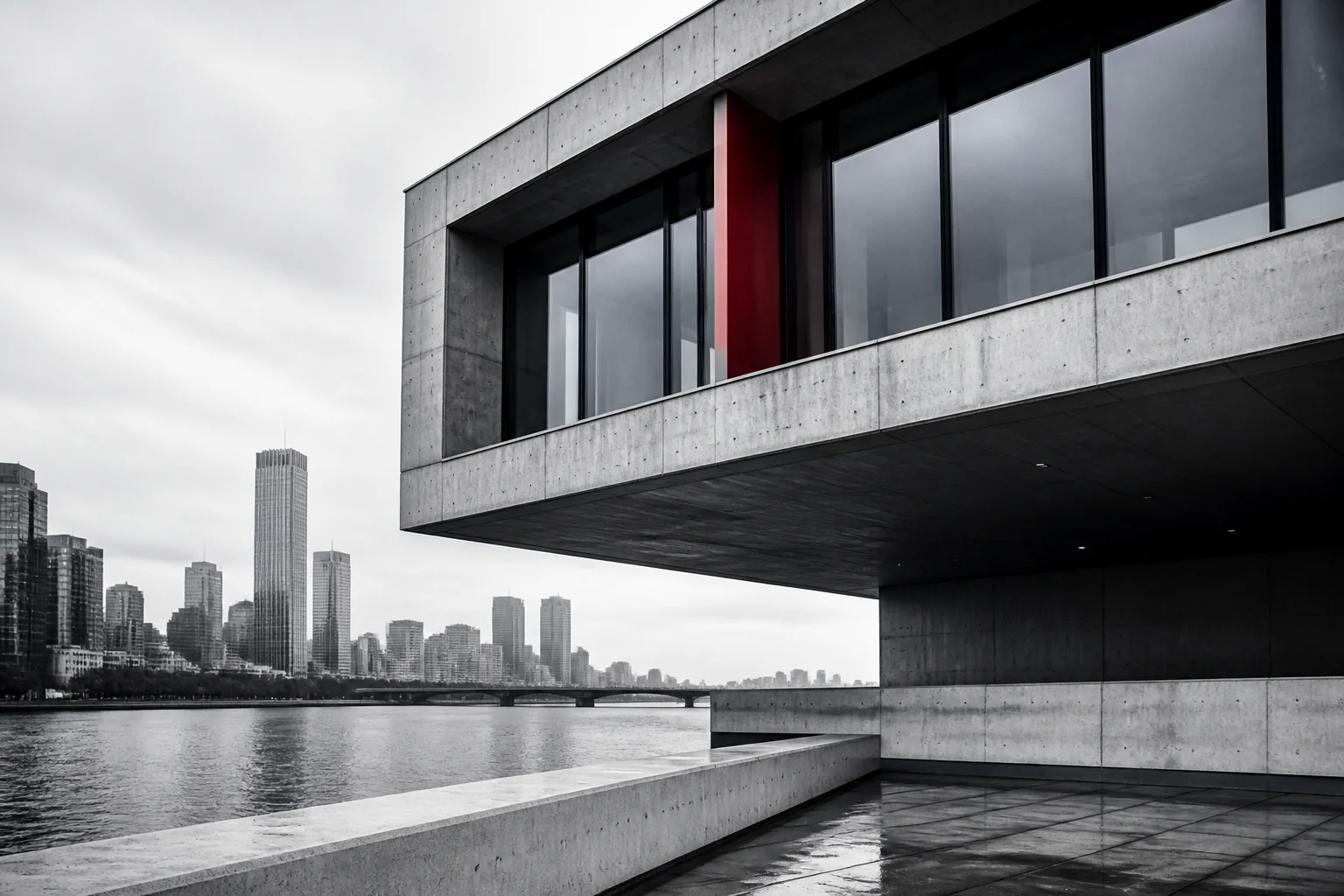 Concrete and glass cantilevered building beside a Chicago riverfront