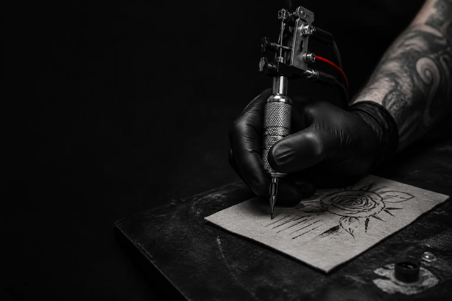 Tattoo machine held above a practice sketch in a dark studio