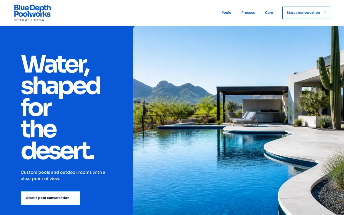 Pool Builder website design example: Blue Depth Poolworks homepage, Scottsdale, AZ
