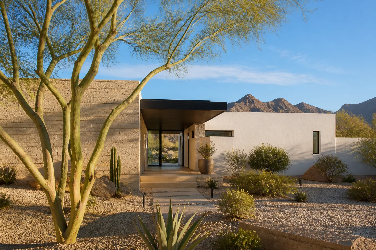 Desert-modern Phoenix home exterior with palo verde and mountain views