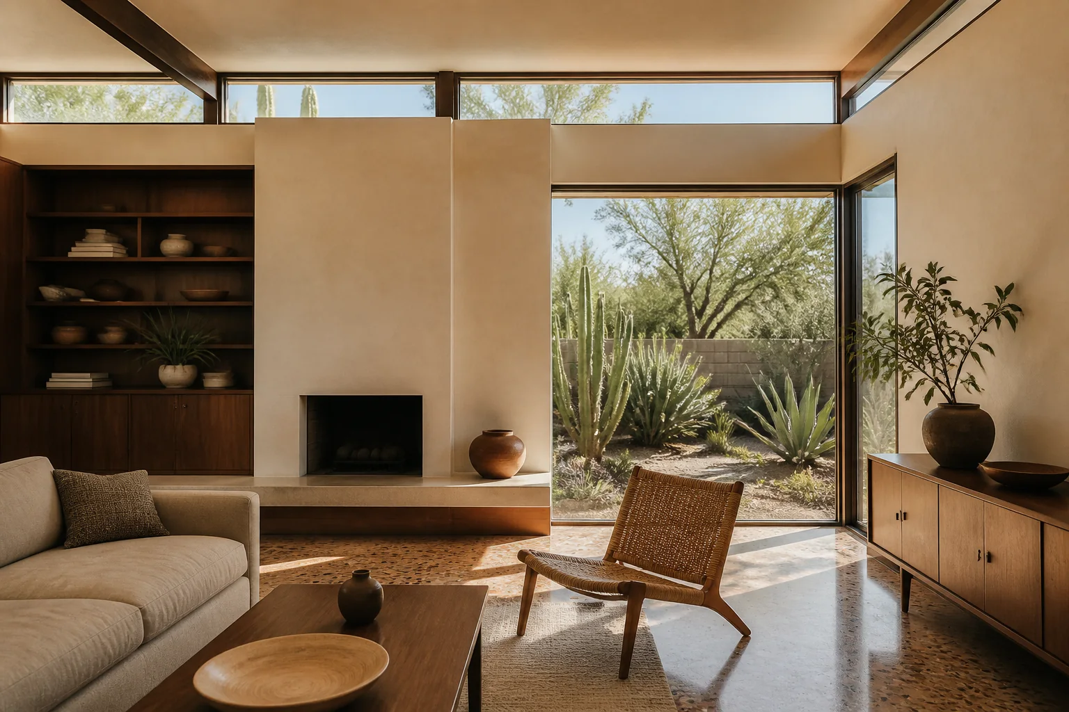 Phoenix mid-century living room with clerestory windows and desert planting