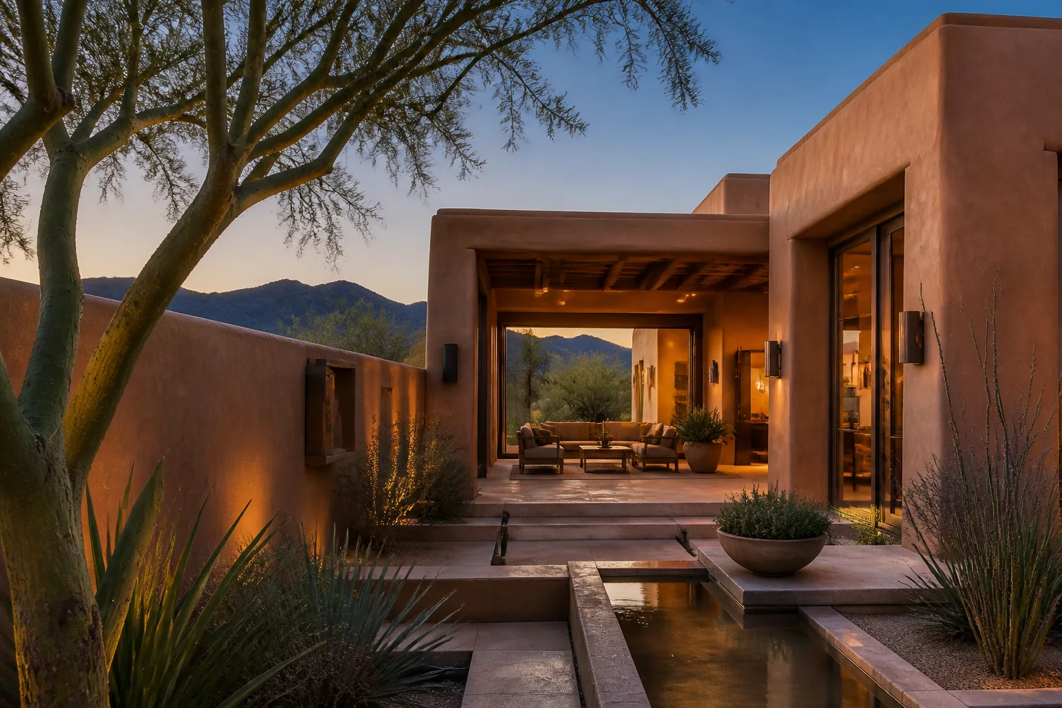 Phoenix adobe courtyard home with a covered patio and desert mountain view