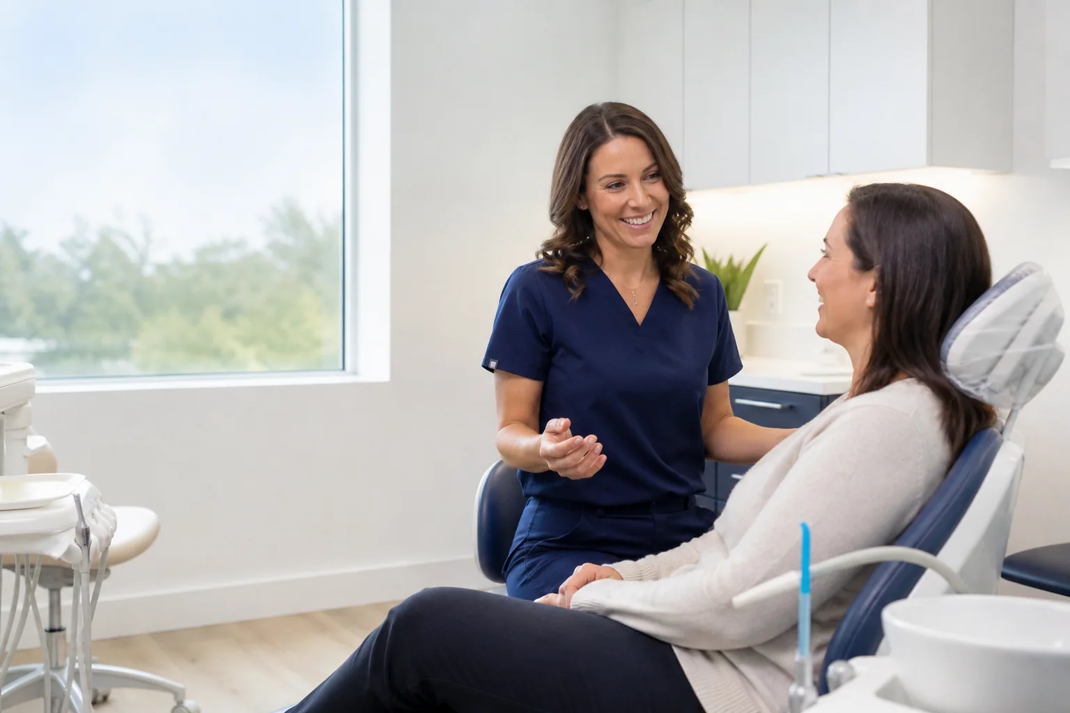 Dentist speaking with a patient in a bright treatment room