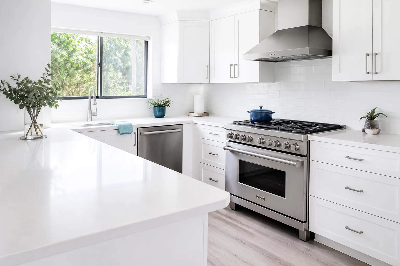 Bright white Orlando kitchen with clear counters and daylight