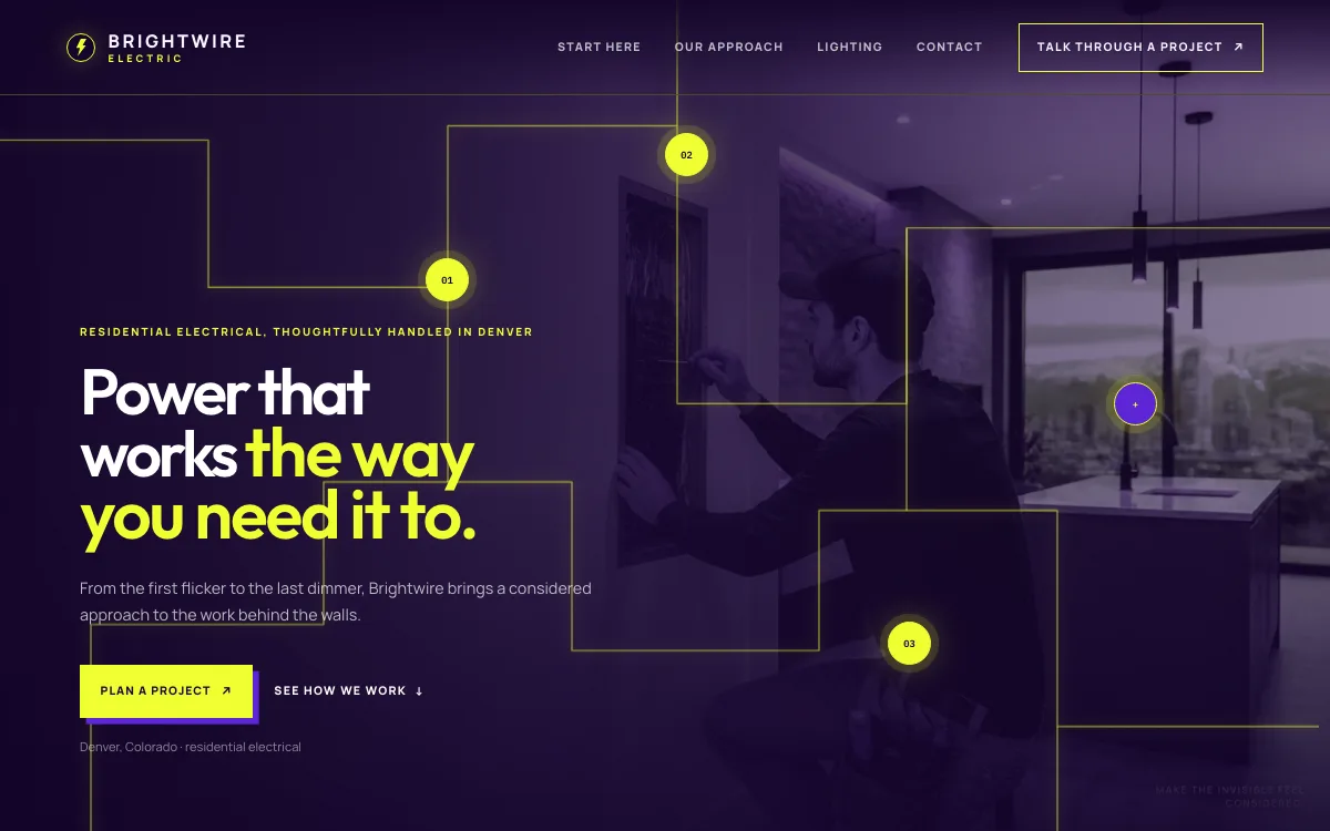 Electrician website design example: Brightwire Electric homepage, Denver, CO