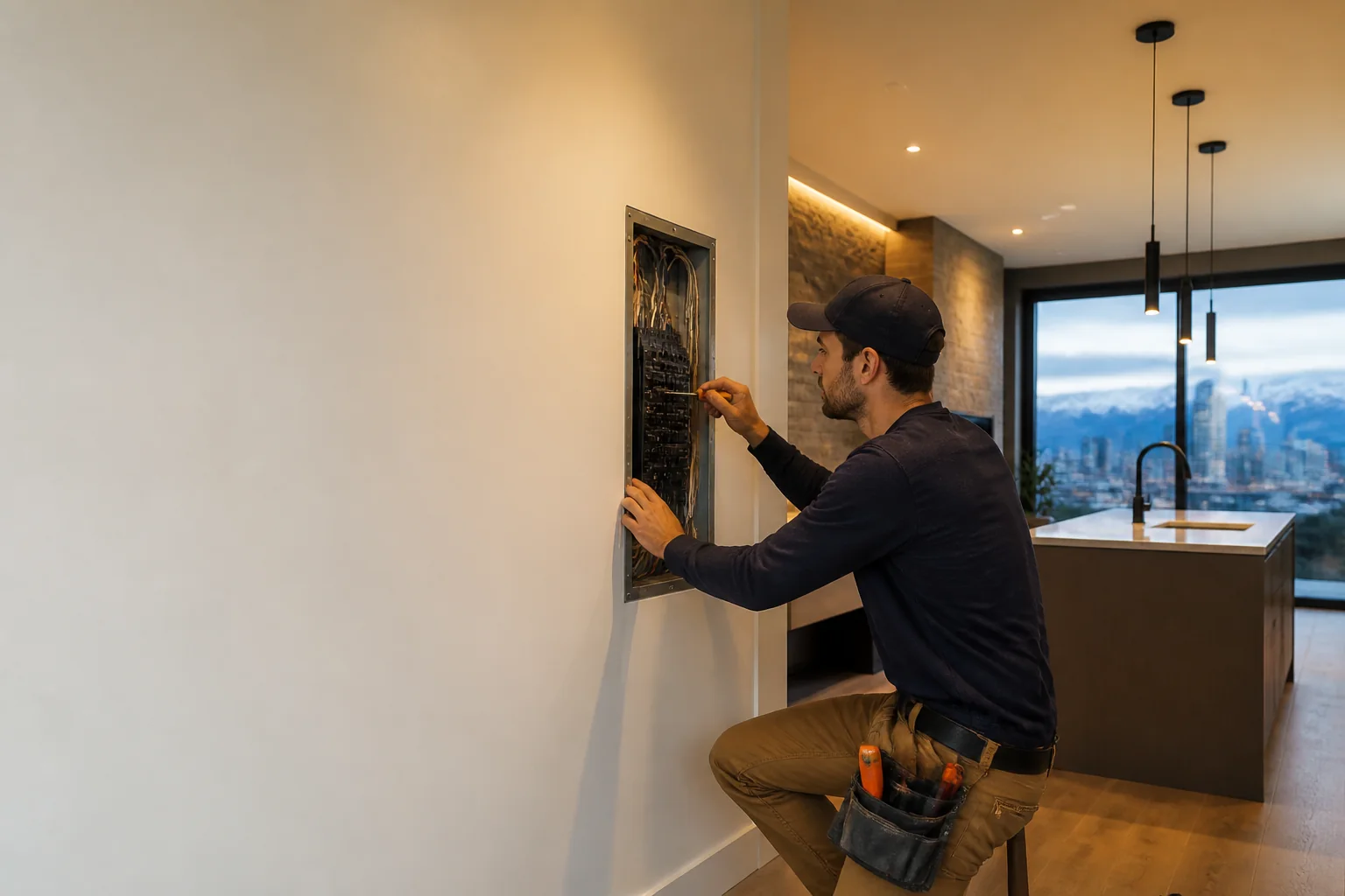 Electrician checking a residential electrical panel in a warm Denver home
