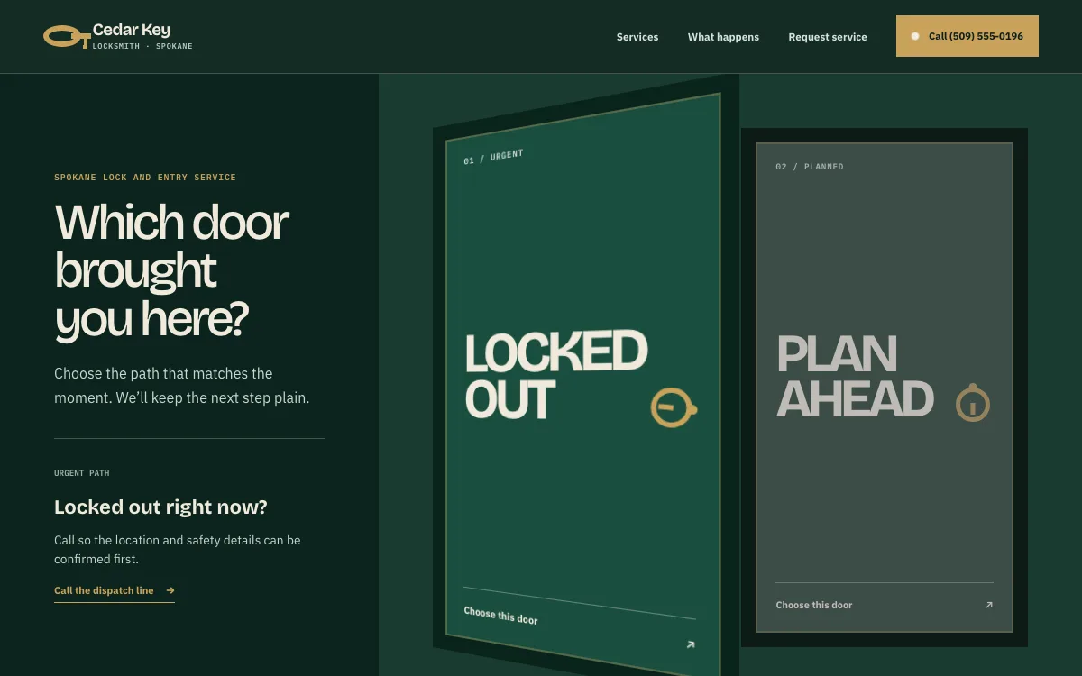 Locksmith website design example: Cedar Key Locksmith homepage, Spokane, WA