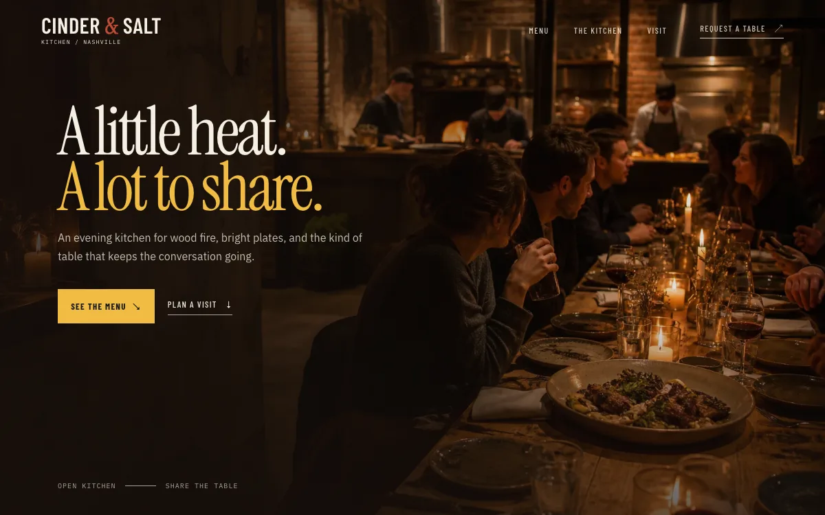 Restaurant website design example: Cinder & Salt Kitchen homepage, Nashville, TN