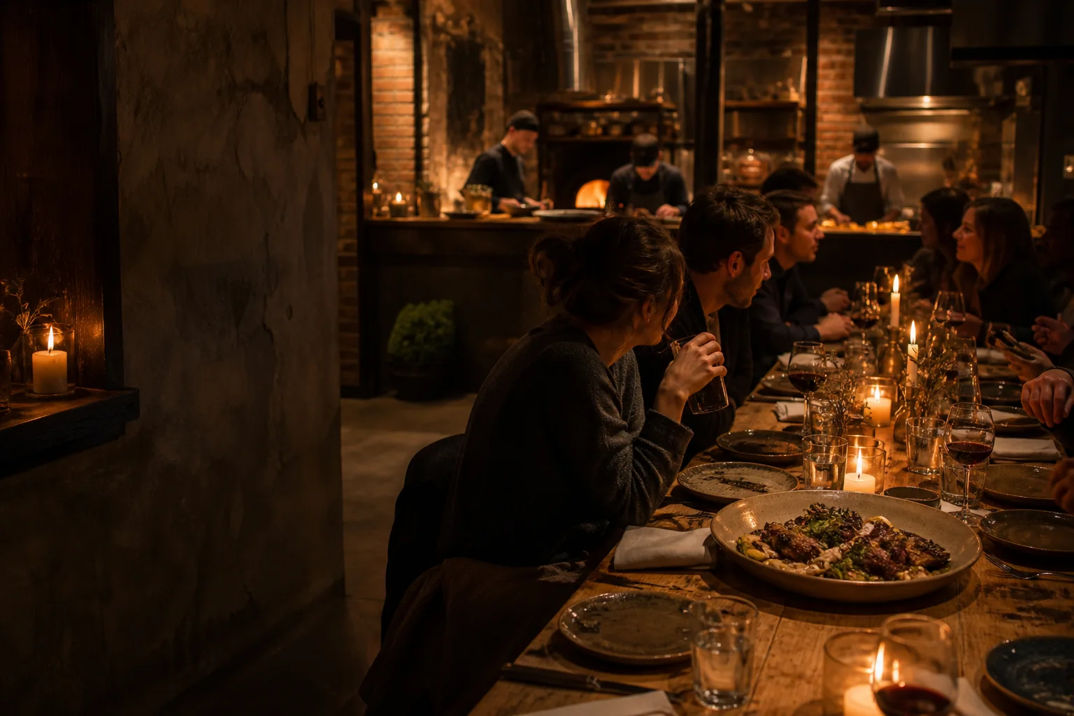 Dinner service around a communal table in a warm Nashville restaurant