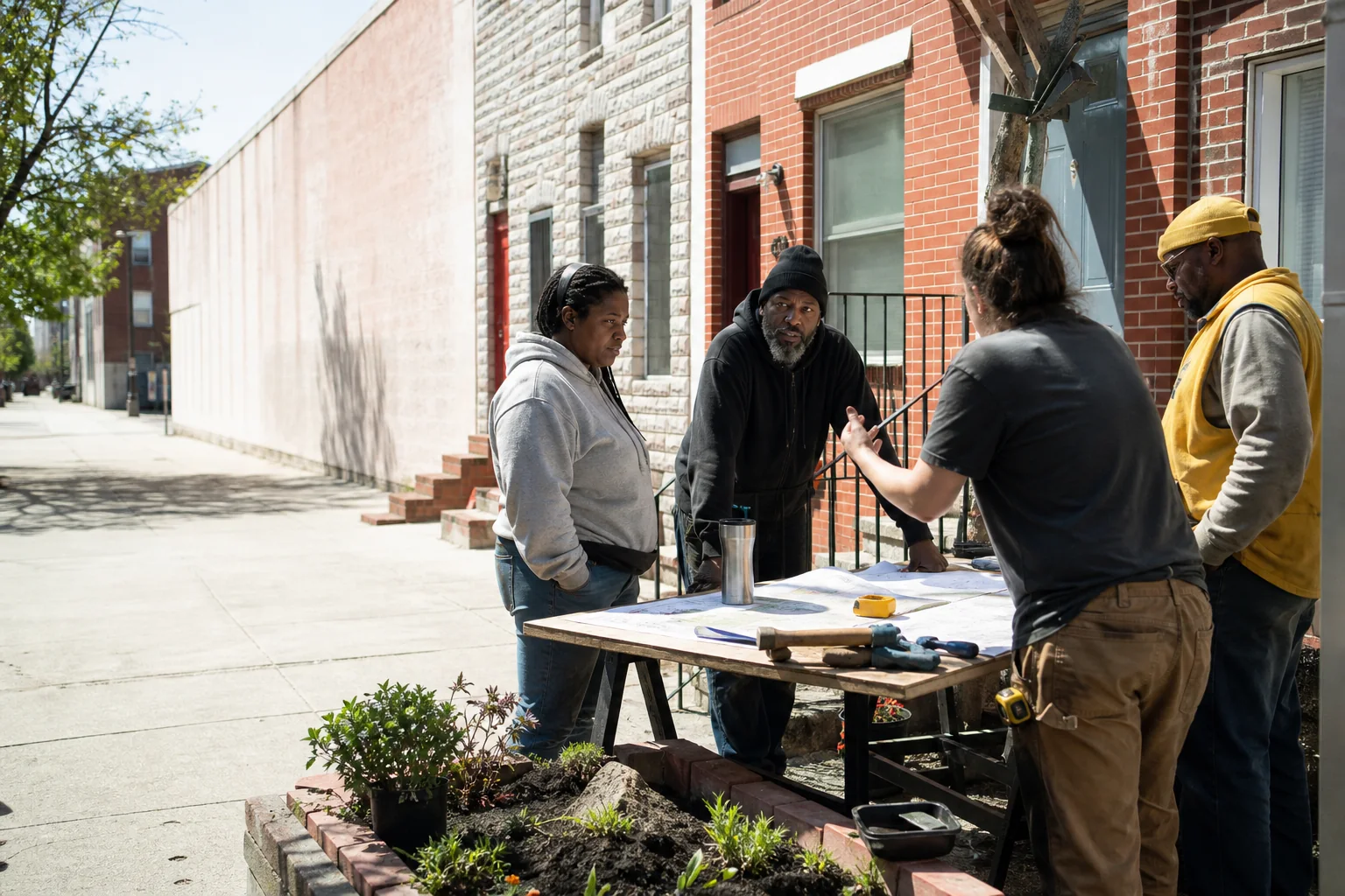 Baltimore neighbors planning a shared public-space workday around a table