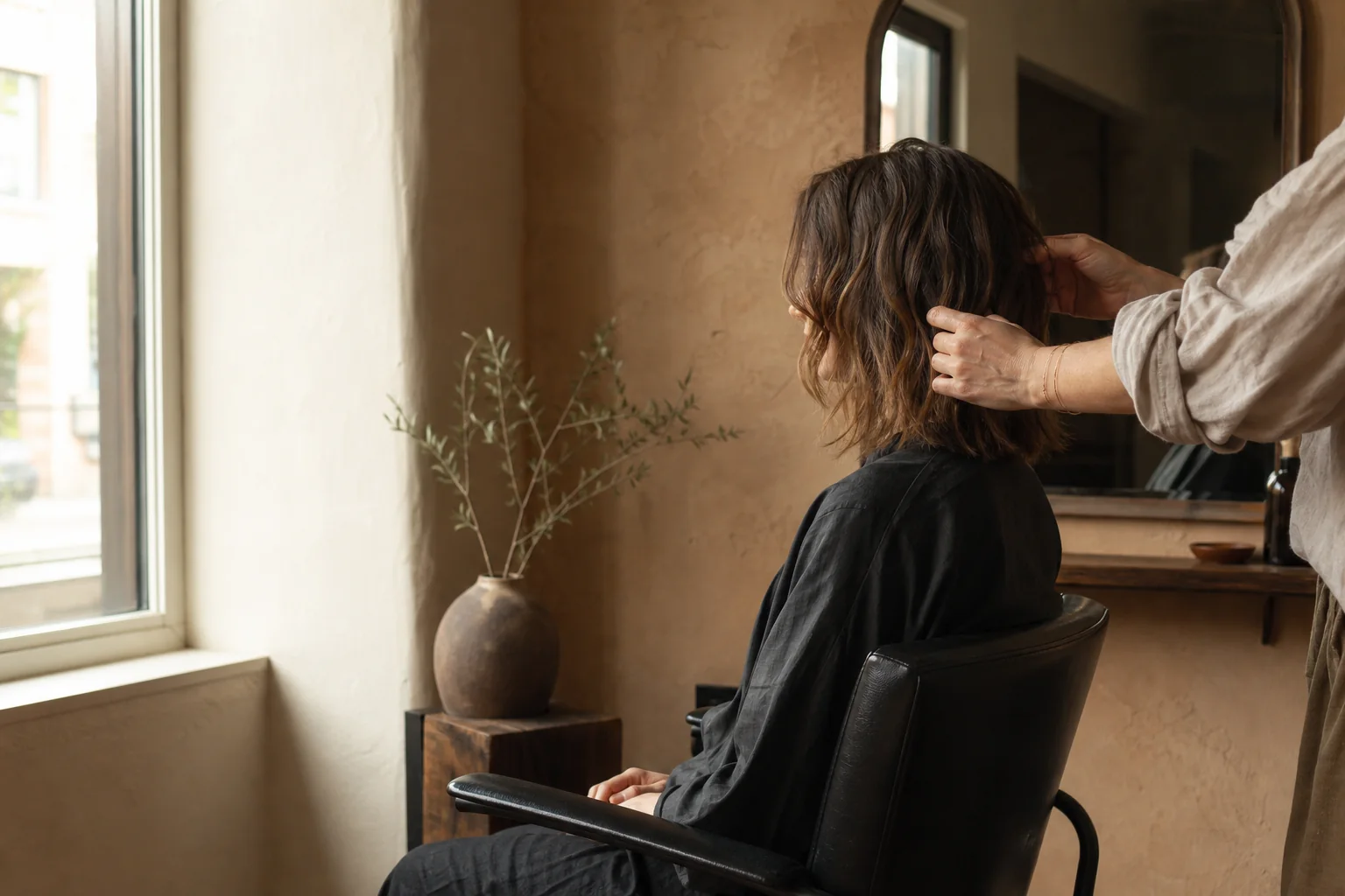 A stylist arranging a client's hair in a warm, quiet salon