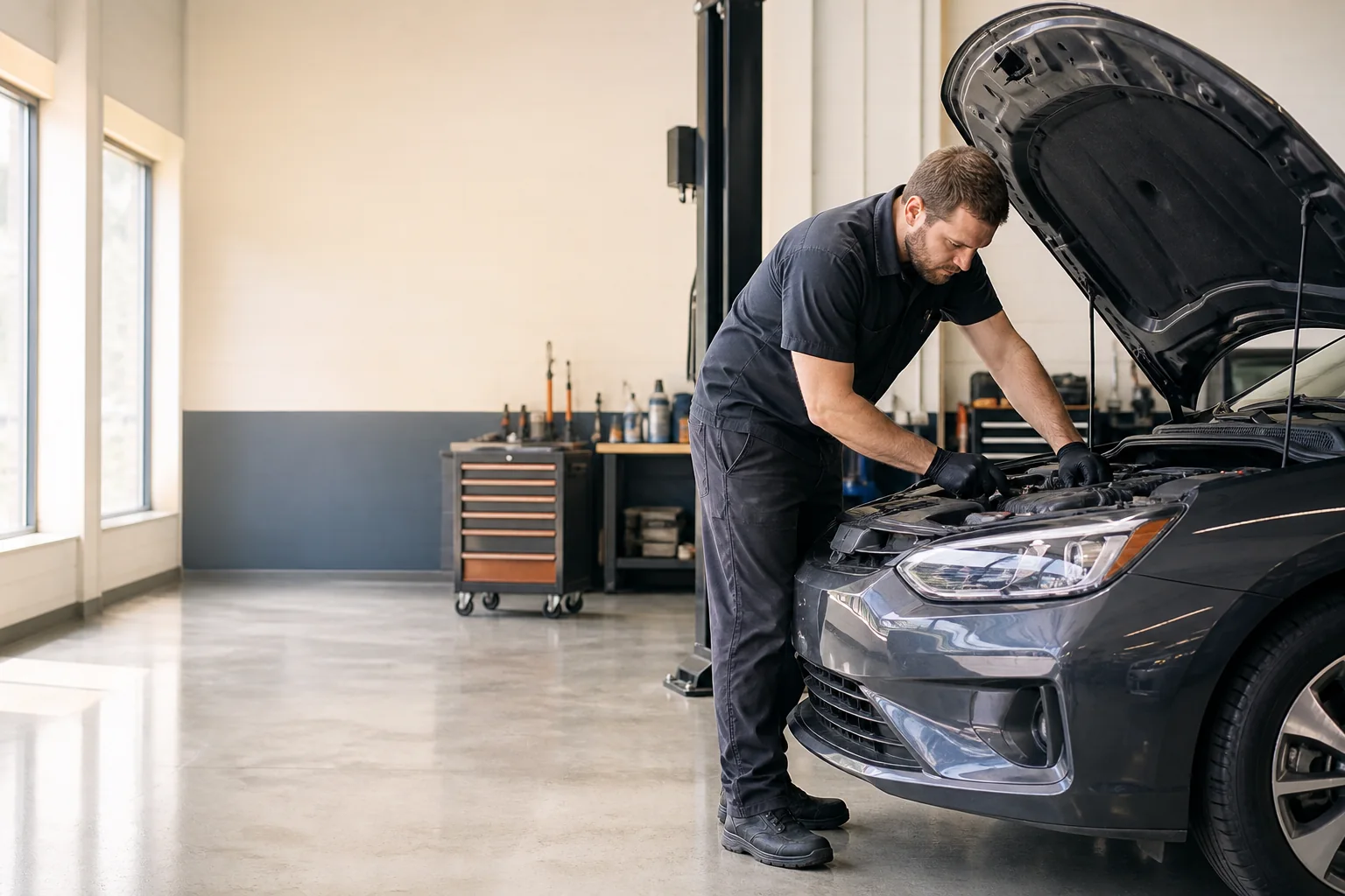 Technician inspecting a gray car in a clean, organized auto service bay