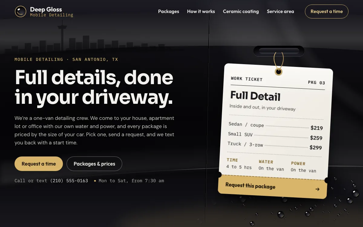 Car detailing website design example: Deep Gloss Mobile Detailing homepage with a black car door and price ticket