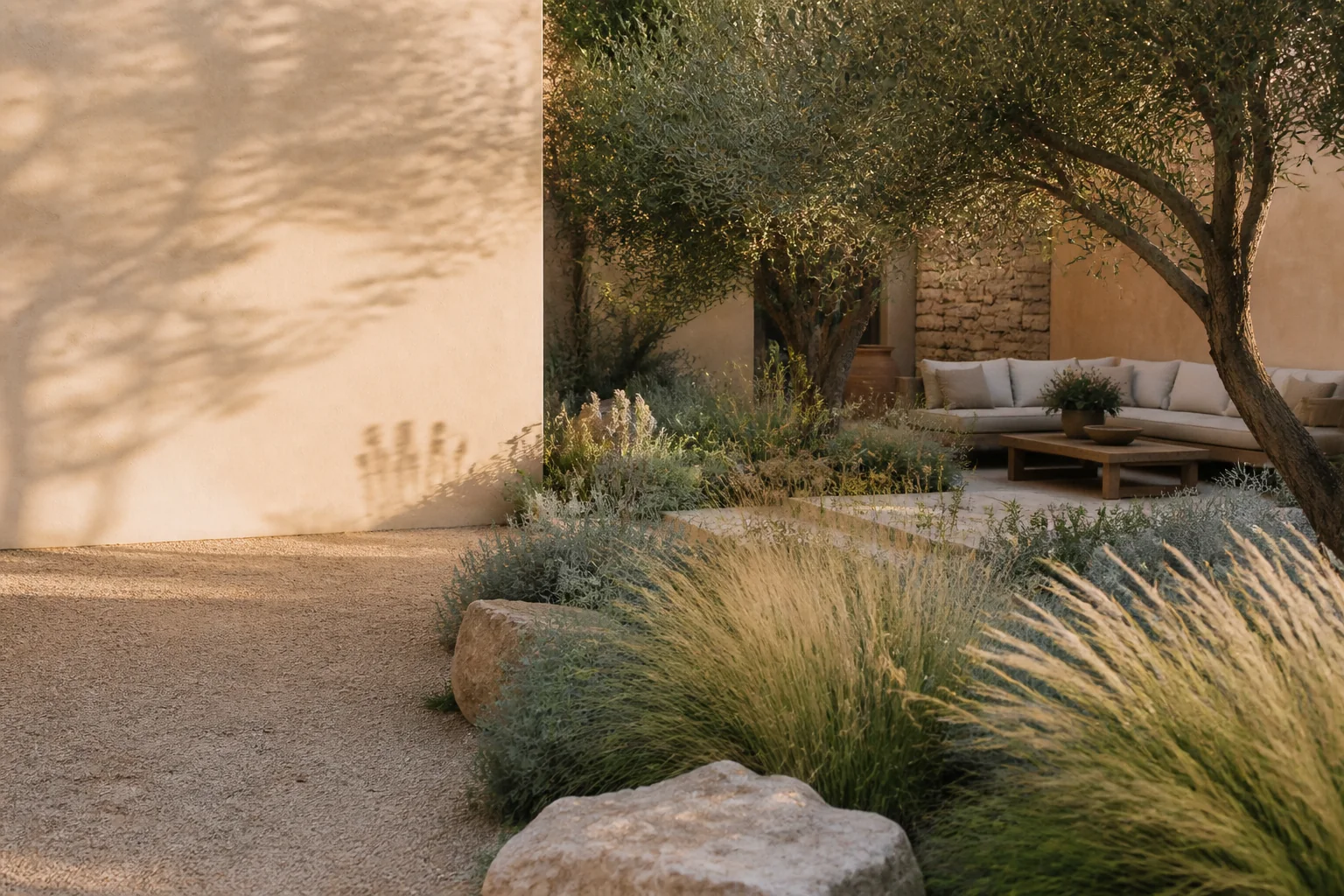 Mature Sacramento garden with olive tree, native grasses, and a pale stone path