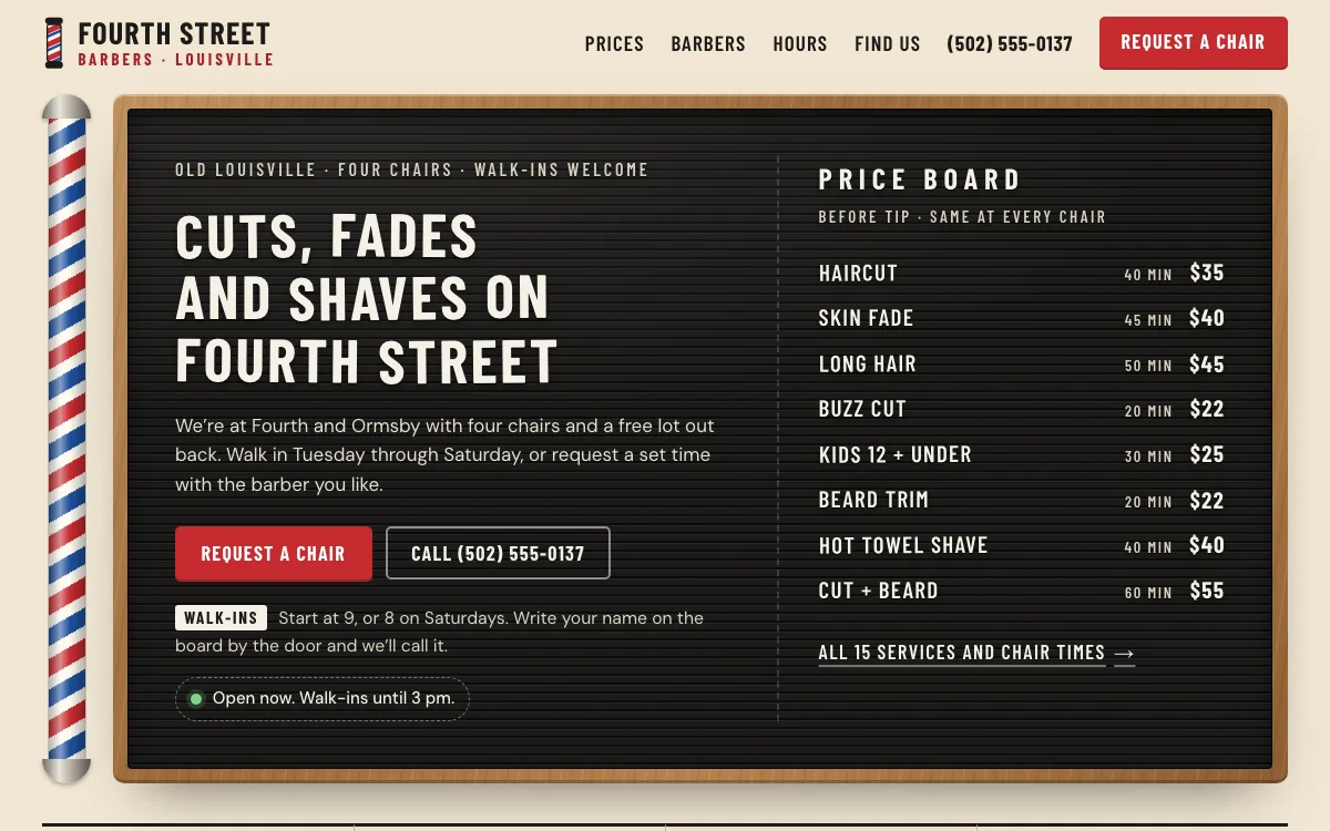 Barbershop website design example: Fourth Street Barbers homepage, Louisville, KY