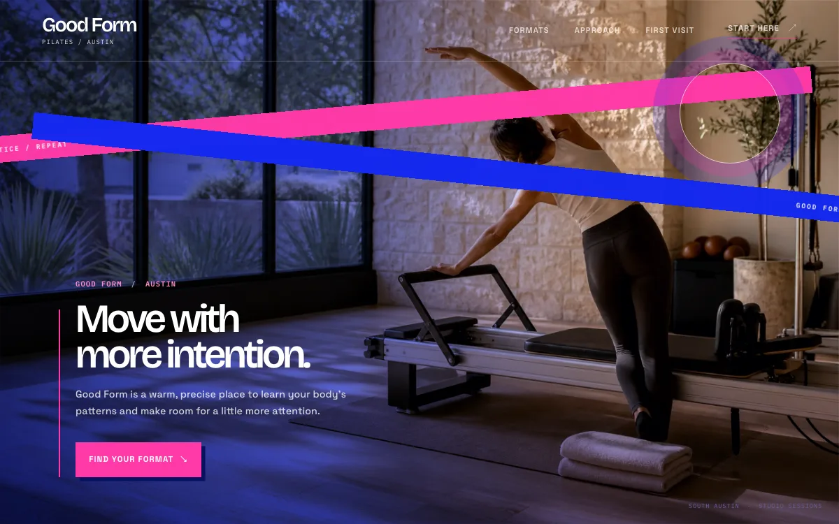Fitness Studio website design example: Good Form Pilates homepage, Austin, TX