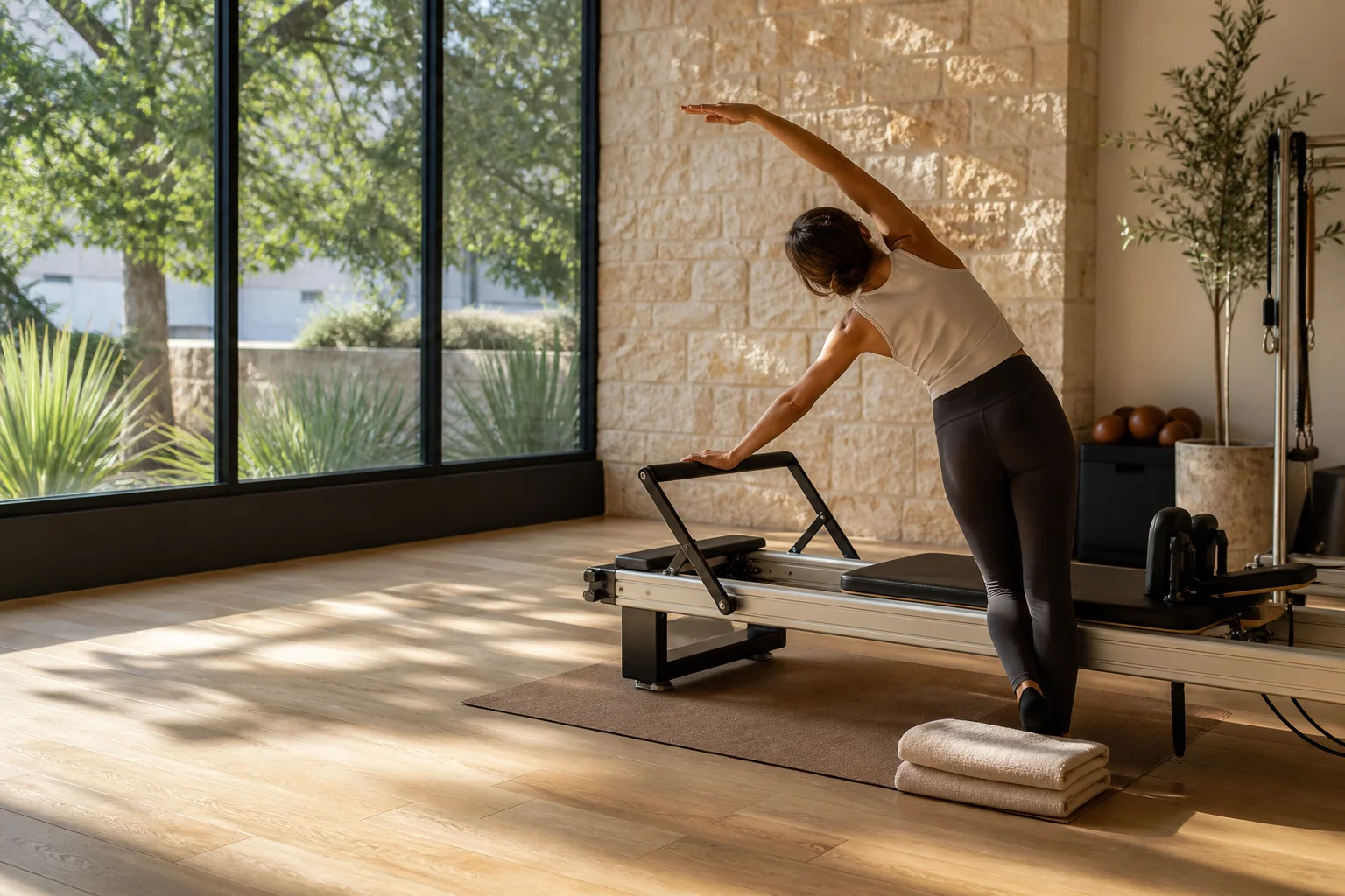 Participant moving beside a reformer in a bright Pilates studio