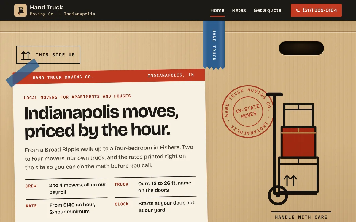 Moving Company website design example: Hand Truck Moving Co. homepage, Indianapolis, IN