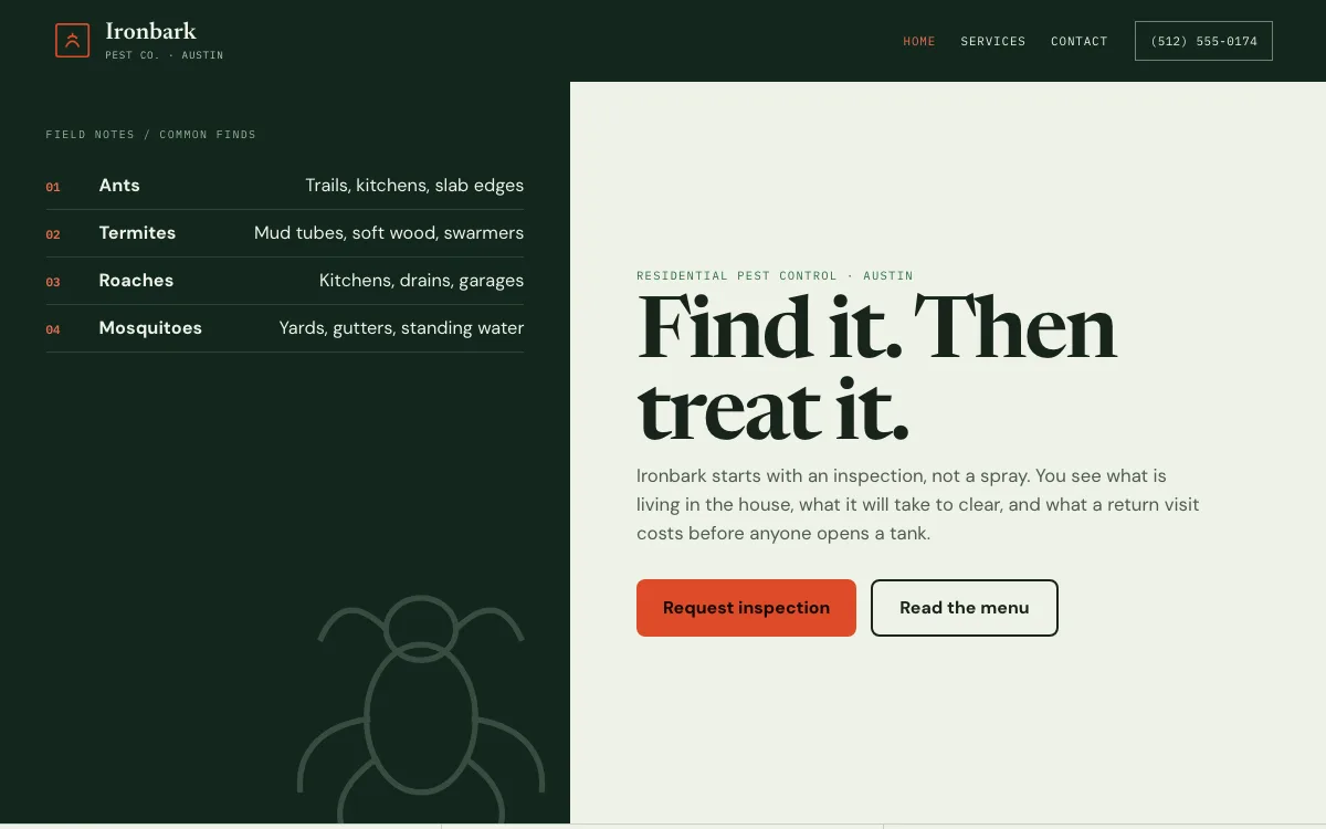 Pest Control website design example: Ironbark Pest Co. homepage, Austin, TX