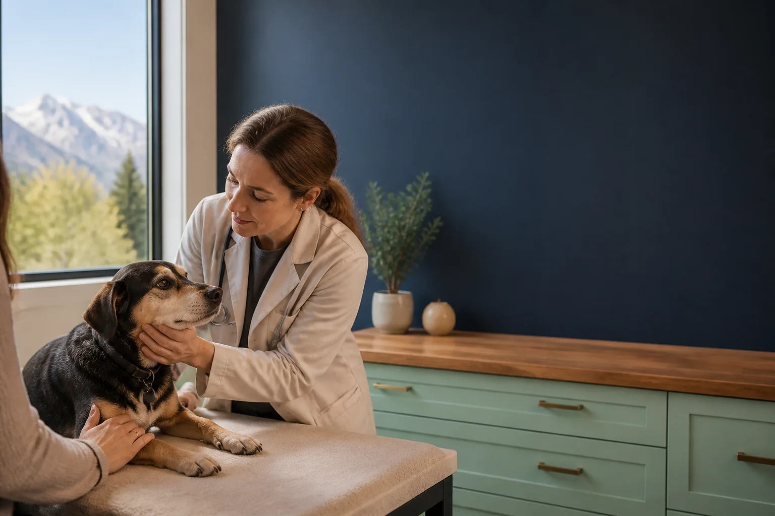 Veterinarian gently examining a dog in a warm clinic