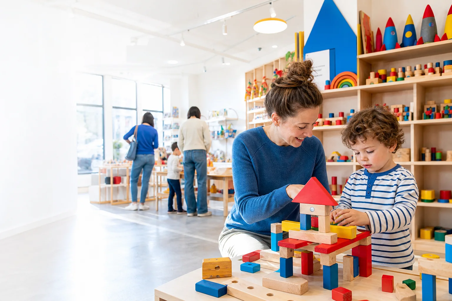 A child exploring toys with a caregiver in a bright toy shop