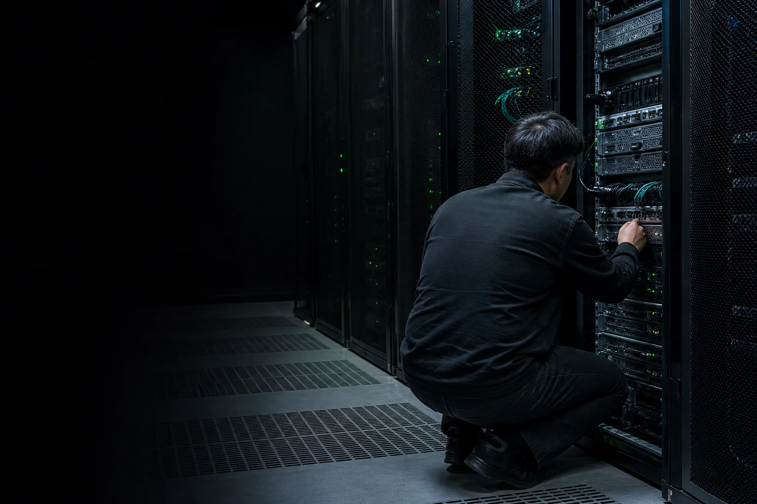 An IT technician inspecting a server rack in a dark data room