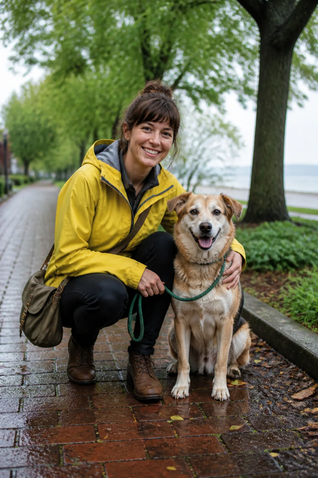Independent dog walker crouching beside a relaxed dog on a Portland sidewalk