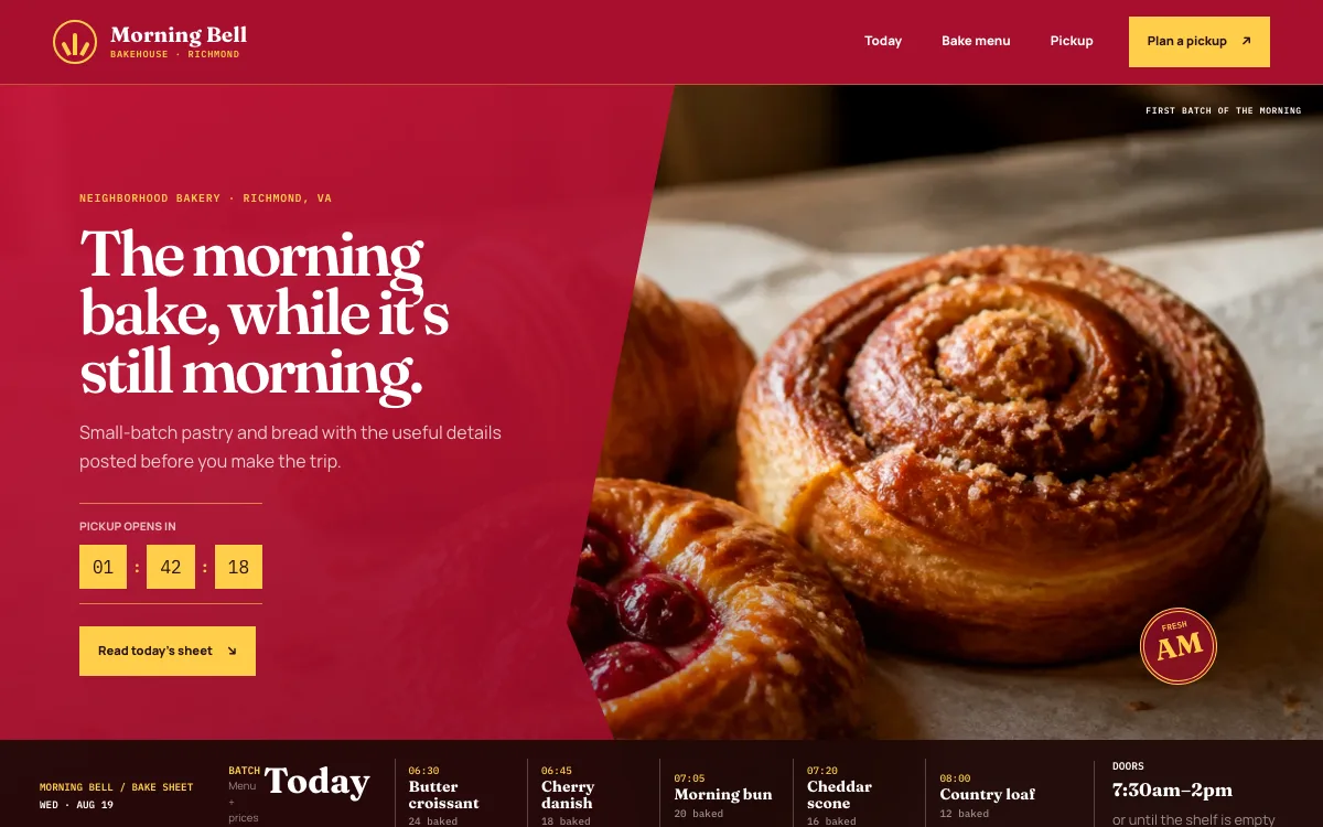 Bakery website design example: Morning Bell Bakehouse homepage, Richmond, VA