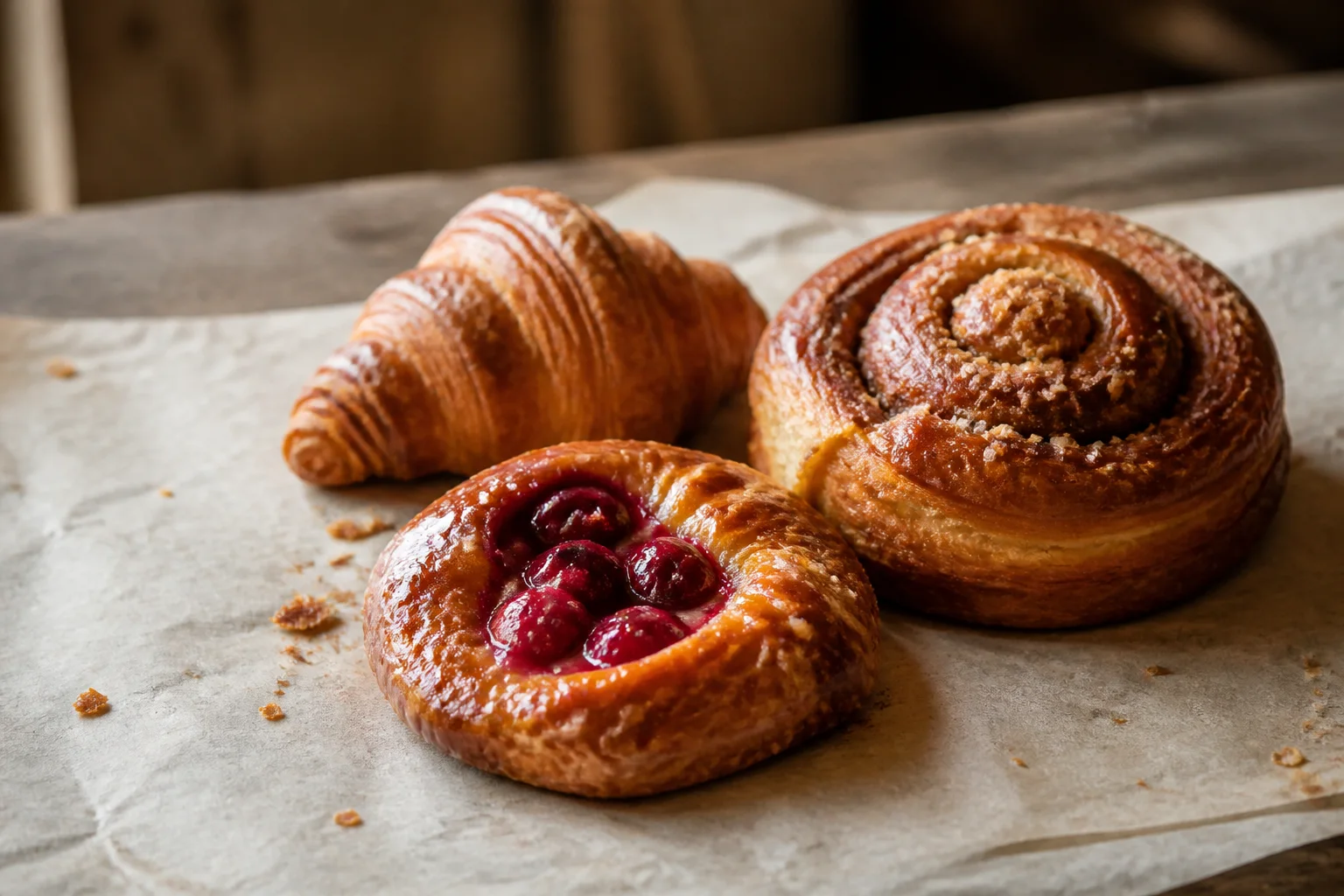 A cherry danish, butter croissant, and morning bun on parchment in dawn light