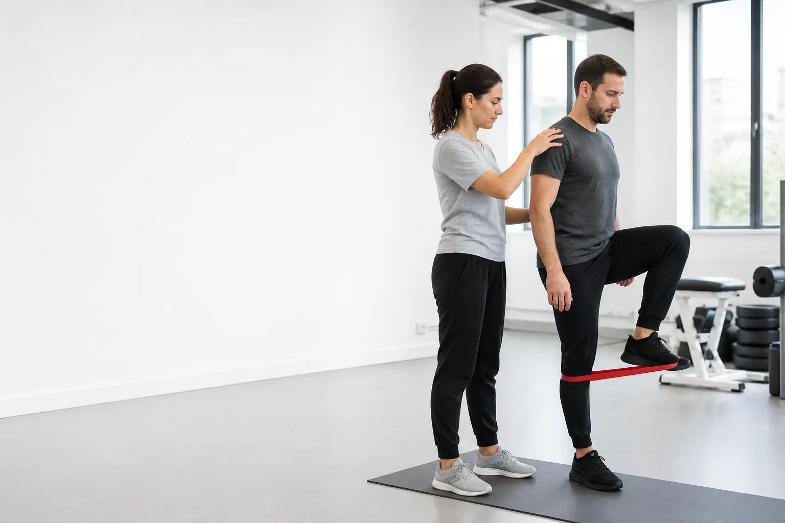 A physical therapist guiding an adult through a controlled movement in a bright studio