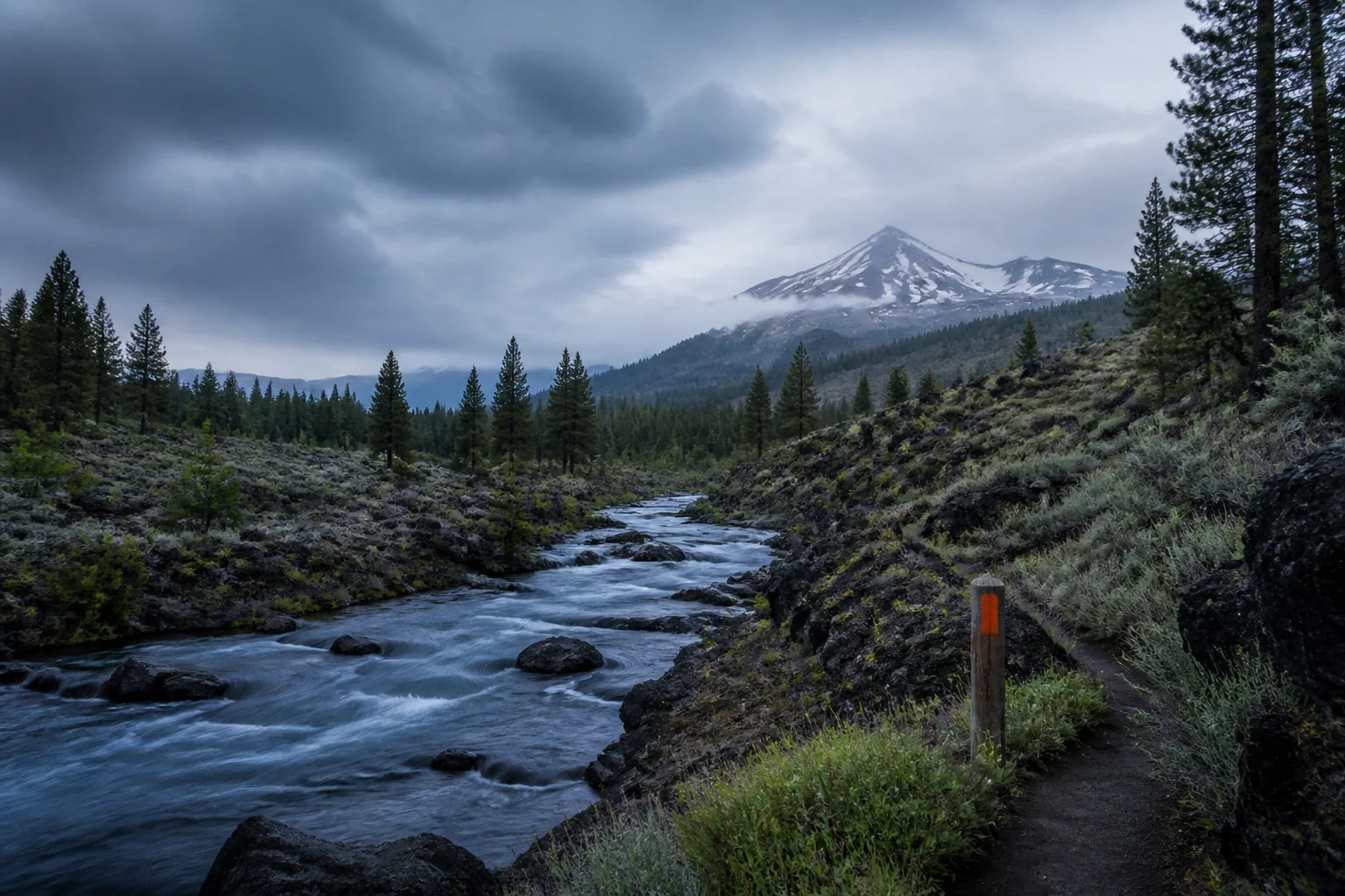 River path through a dark Cascade landscape near Bend, Oregon