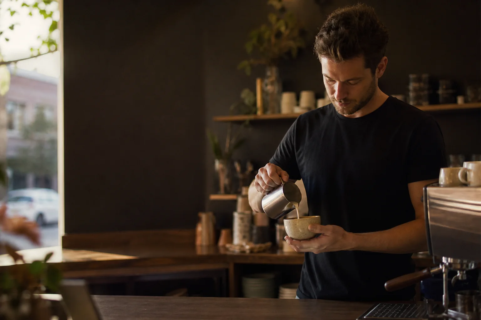 Barista pouring a latte behind the counter