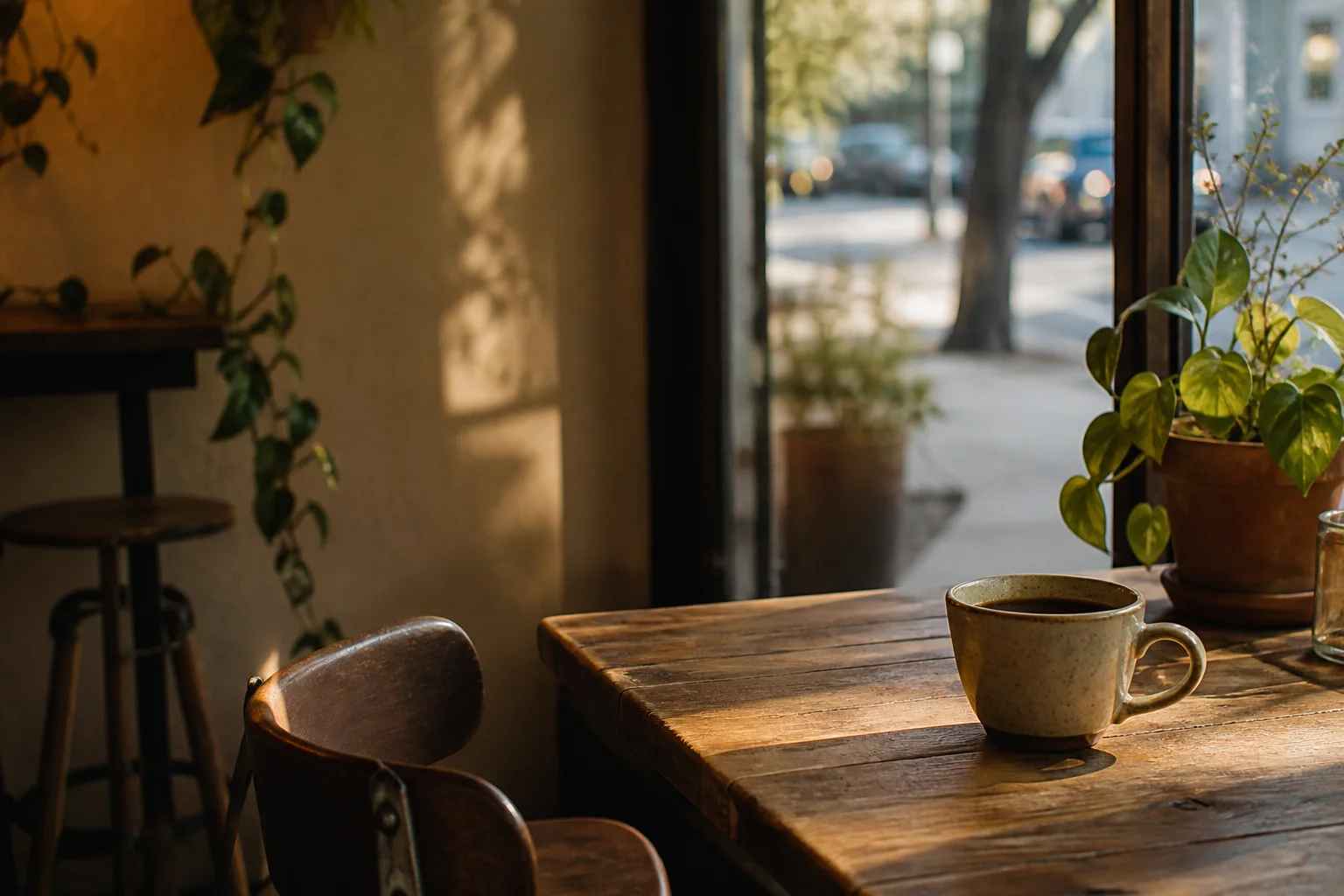 Quiet café table in warm morning light