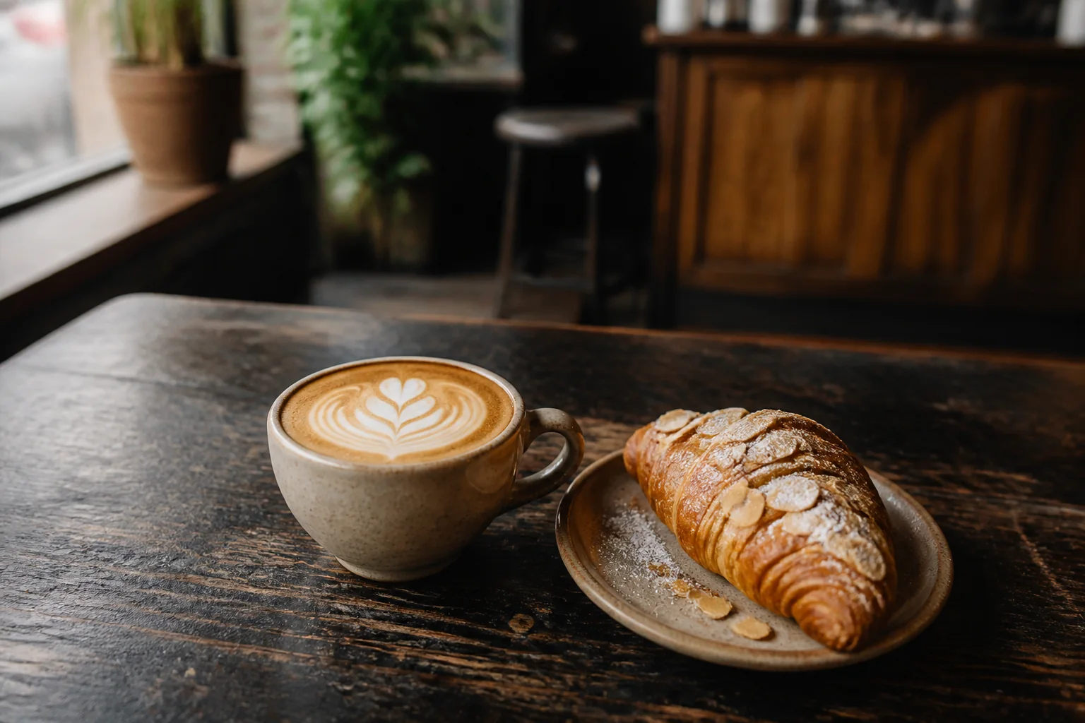 Latte and almond croissant on a café table