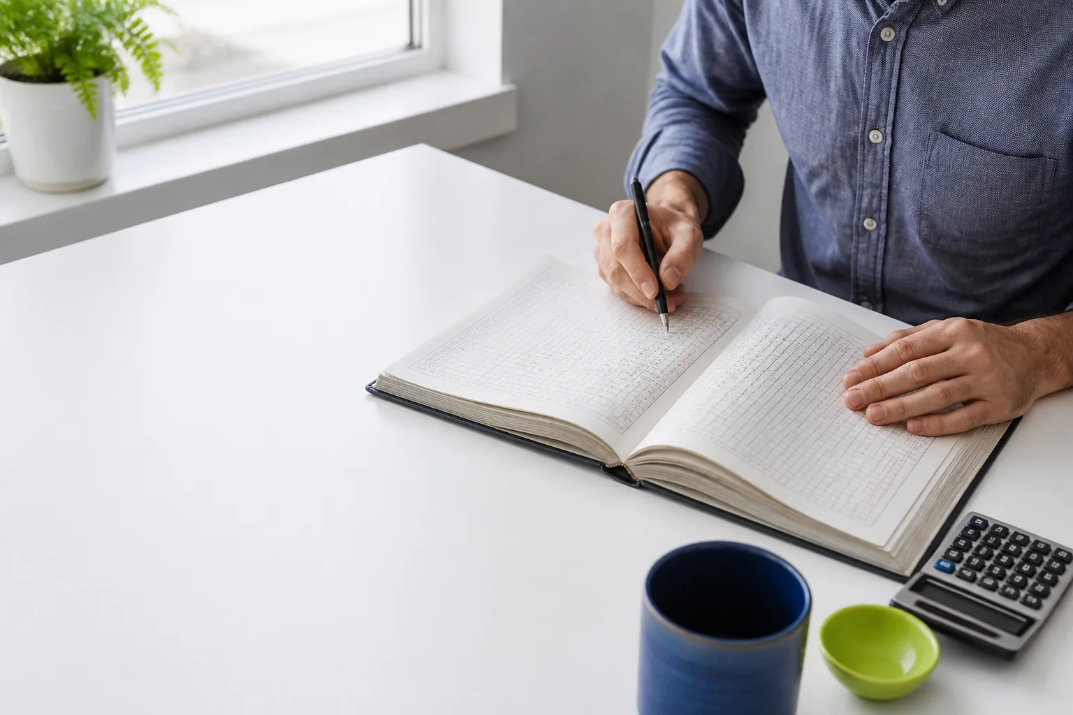 Hands reviewing a handwritten ledger at a bright white desk