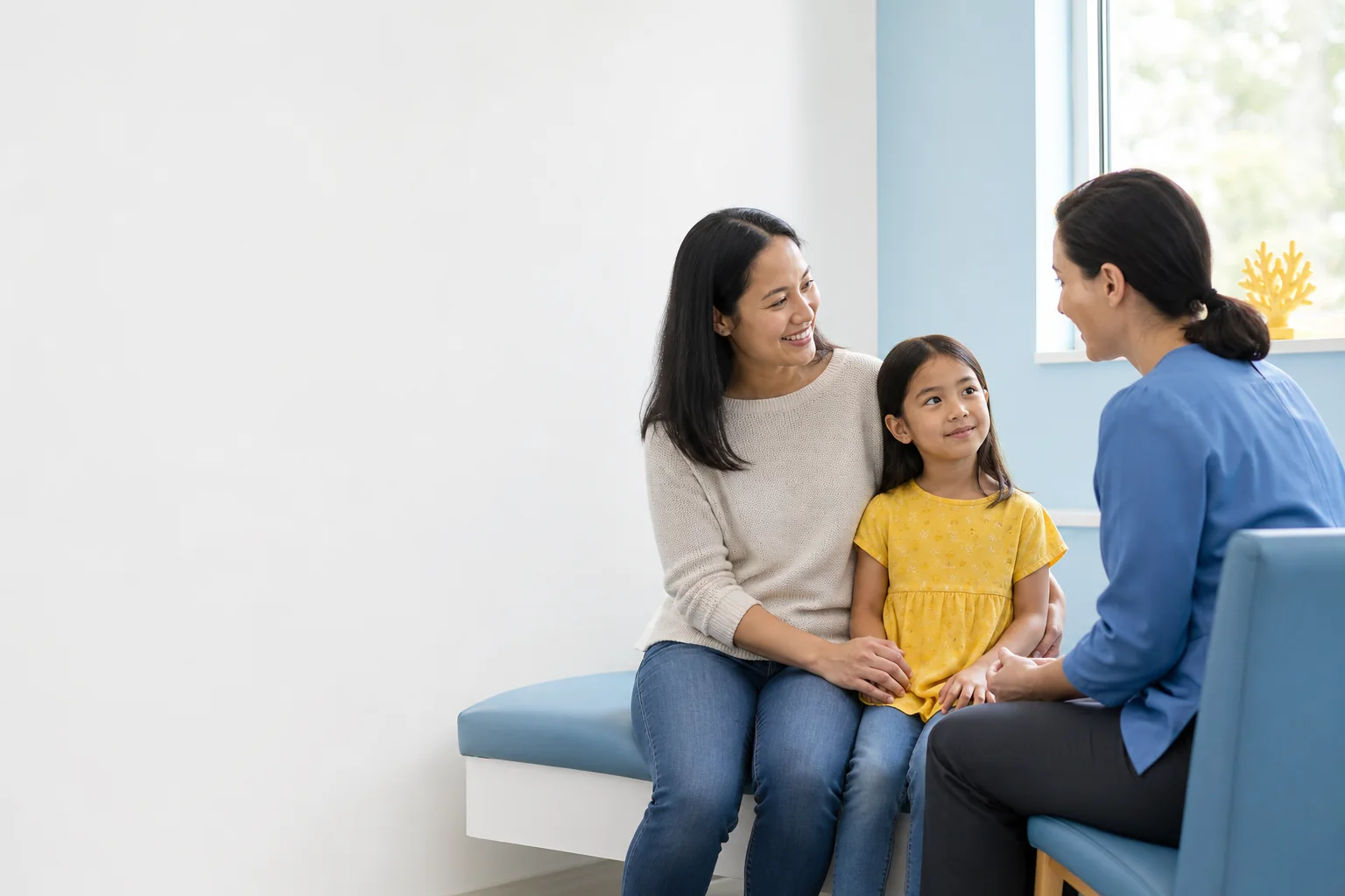 A parent and child sharing a calm conversation with a pediatric clinician