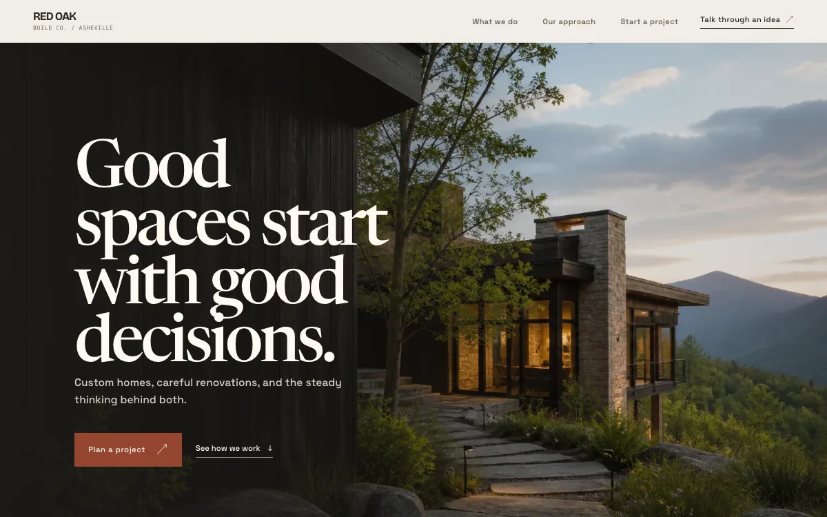 Home Builder website design example: Red Oak Build Co. homepage, Asheville, NC