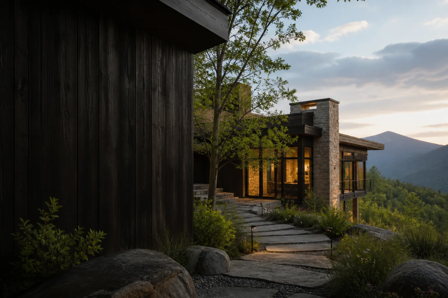 Contemporary mountain home with charred timber and local stone in the Blue Ridge landscape
