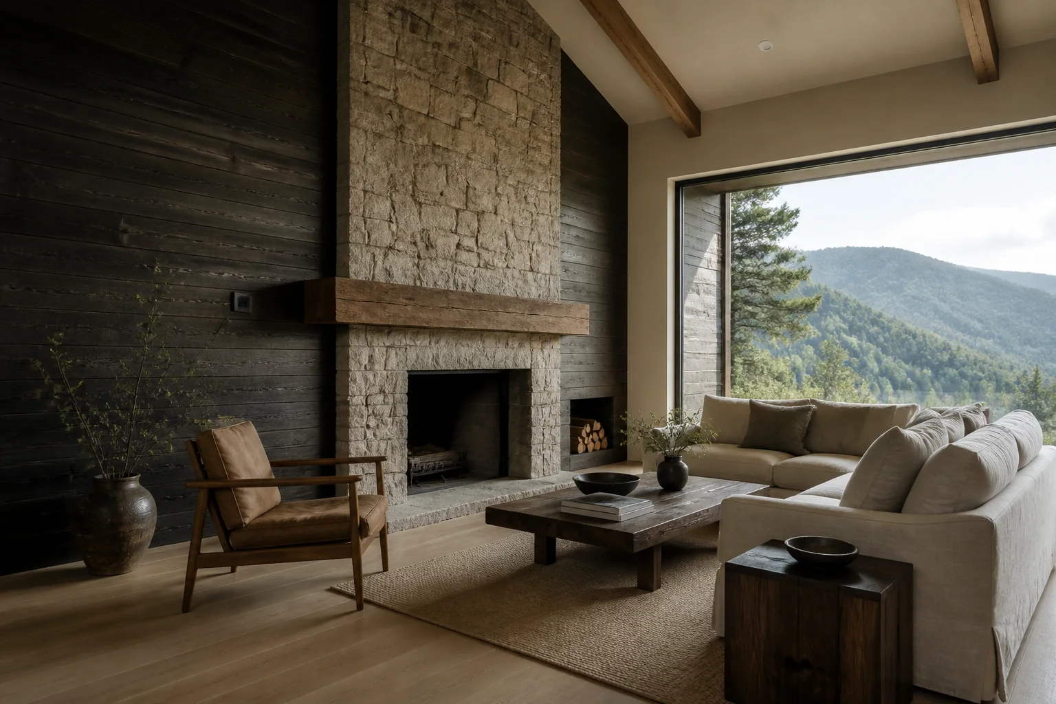 Living room with charred timber, local stone, and a Blue Ridge view