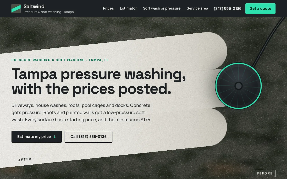 Pressure Washing website design example: Saltwind Pressure Washing homepage, Tampa, FL