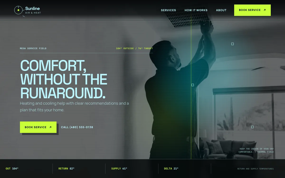 HVAC website design example: Sunline Air & Heat homepage, Mesa, AZ