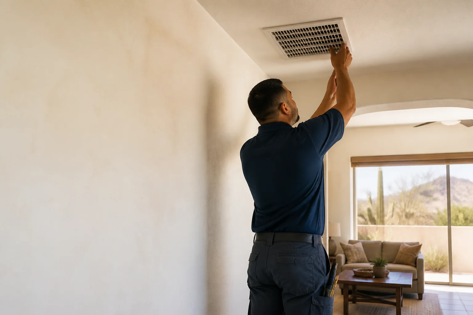 HVAC technician checking an air vent in a bright Mesa home