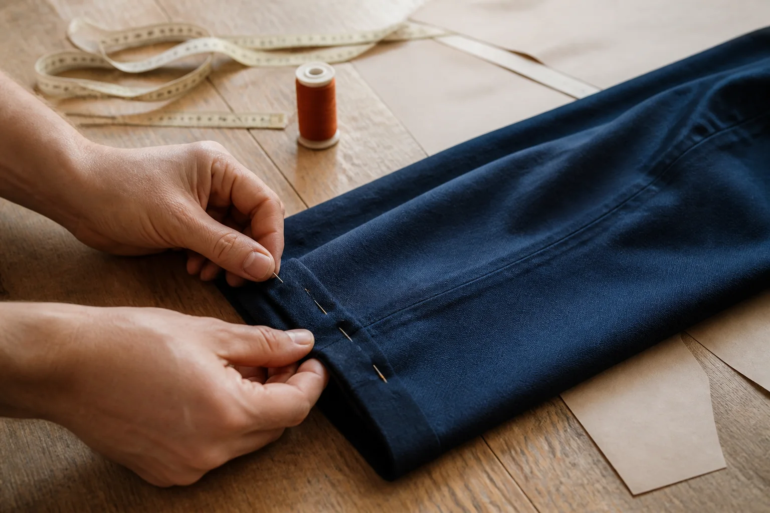 Tailor pinning a navy trouser hem on a worktable