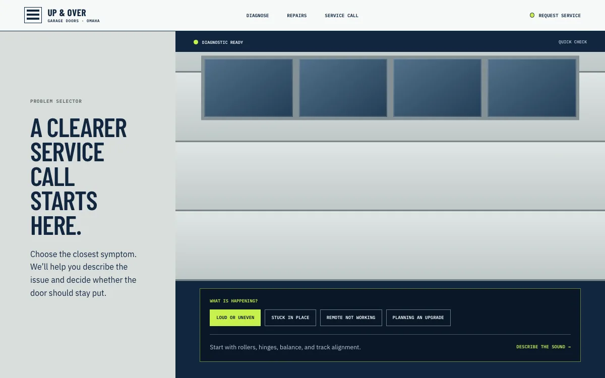 Garage Door Service website design example: Up & Over Garage Doors homepage, Omaha, NE