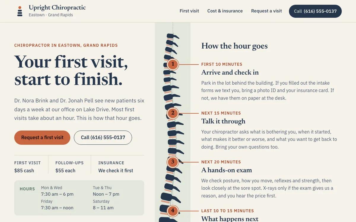 Chiropractor website design example: Upright Chiropractic homepage, Grand Rapids, MI