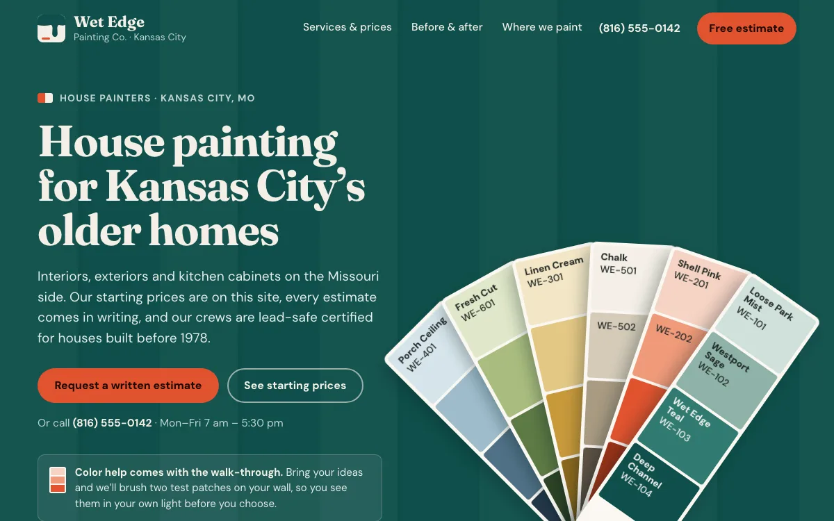 Painter website design example: Wet Edge Painting Co. homepage, Kansas City, MO