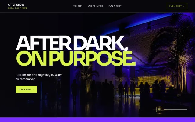 Event Venue website design example: Afterglow Social Club homepage, Miami, FL