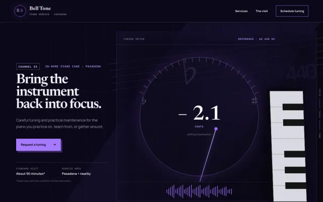 Piano Tuner website design example: Bell Tone Piano Service homepage, Pasadena, CA