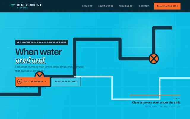 Plumber website design example: Blue Current Plumbing homepage, Columbus, OH