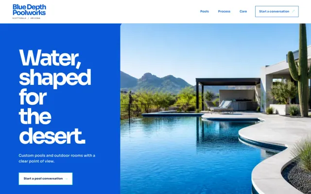 Pool Builder website design example: Blue Depth Poolworks homepage, Scottsdale, AZ